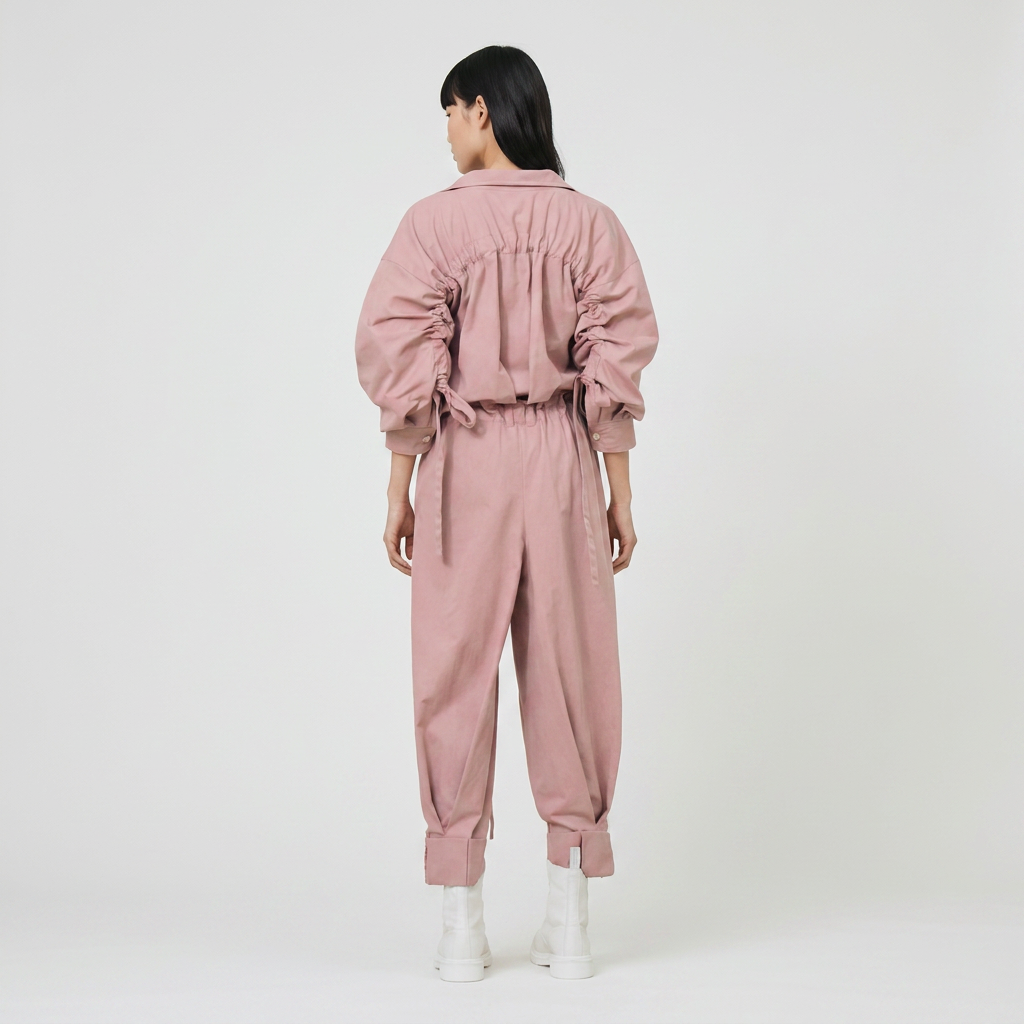 jumpsuit with gathering across the back and multiple pockets