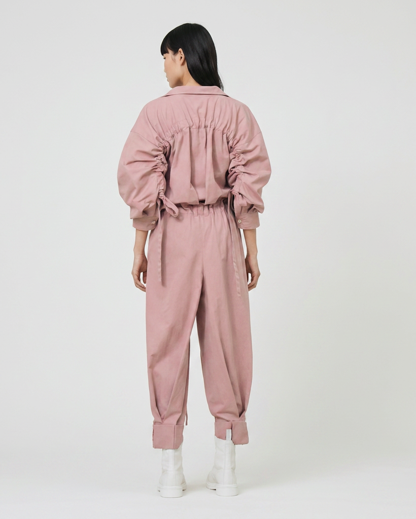 jumpsuit with gathering across the back and multiple pockets