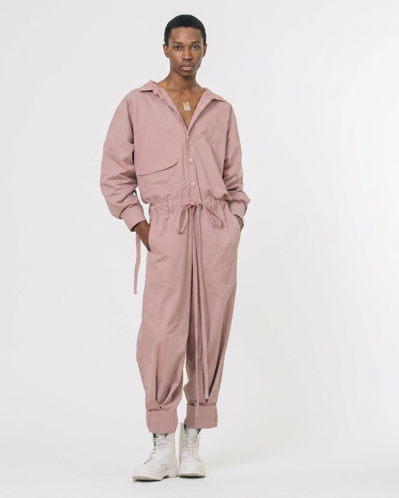jumpsuit with gathering across the back and multiple pockets