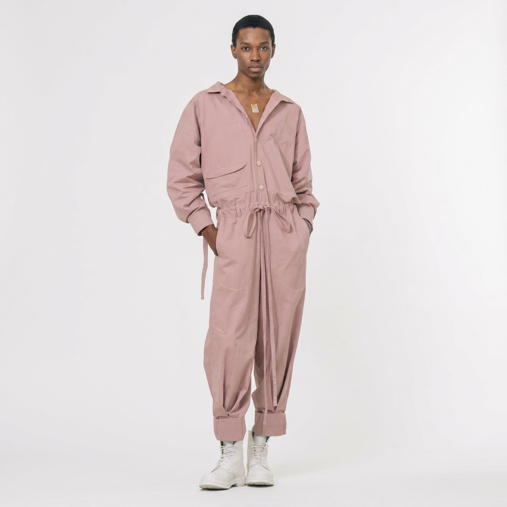 jumpsuit with gathering across the back and multiple pockets